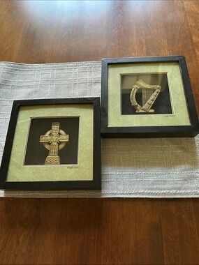 Framed Celtic Cross and Harp Shadow Box Art Set - Black Frame, Green Mat